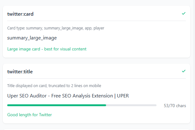 Twitter Cards preview in Uper SEO Auditor
